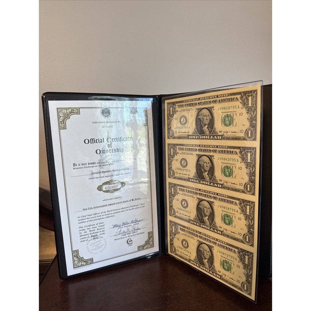 2009 ONE U.S GOVERNMENT Issued UNCUT Sheet 4 -  $1 BILLS, In Brown Folder